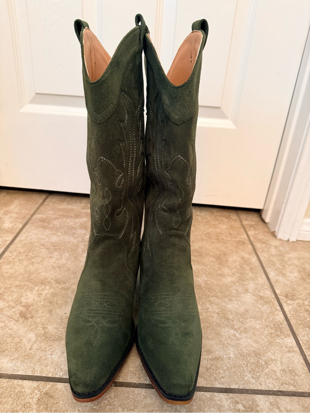 Green Cowboy Boots For Women Chunky Heel Mid Calf Snip Toe